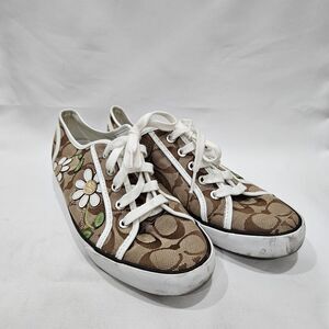 Coach Womens Dee Daisy Sneakers Size 7.5 Brown Canvas Lace Up Flower Streetwear